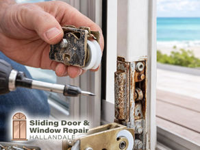 technician replacing corroded rollers on sliding glass door, Florida coastal home background