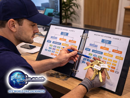 A locksmith organizing master key system charts inside a business office while holding a set of labeled keys