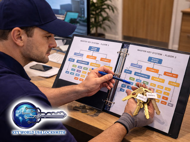 A locksmith organizing master key system charts inside a business office while holding a set of labeled keys
