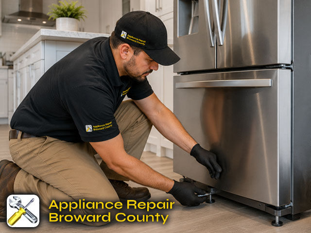 appliance installation Technician installing a stainless-steel refrigerator in a modern kitchen, adjusting leveling feet and connecting water lines