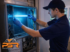 technician installing UV light inside air handler HVAC system with blue glow, modern Boca Raton home