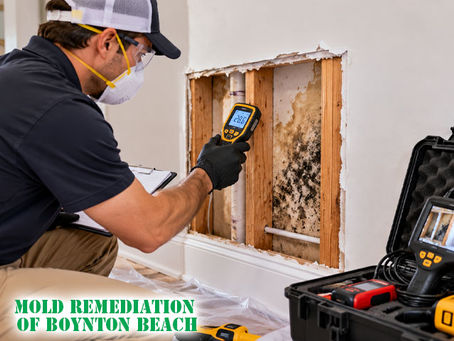 Professional mold inspector examining hidden moisture behind residential wall using moisture meter and inspection equipment, small access area open with signs of moisture damage visible