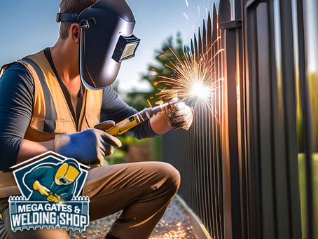 technician professional working performing welding of metal fence and gate at residential home