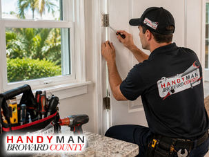Professional handyman adjusting residential doors hinges and windows hardware, repairs tools visible, clean Broward County home interior