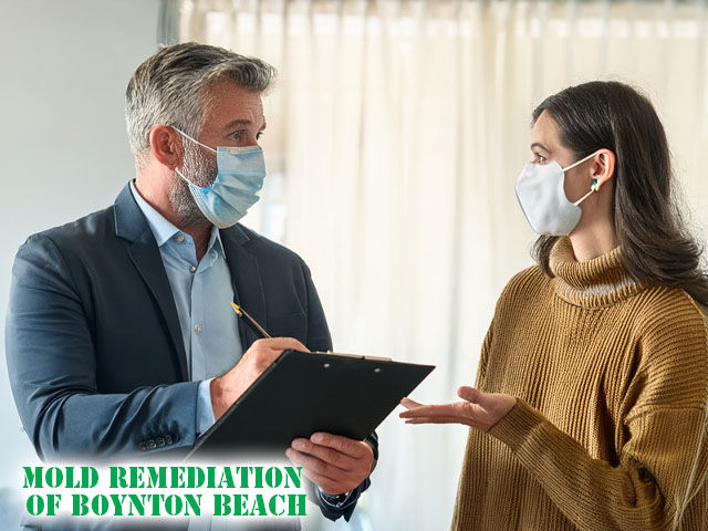 mold inspector technician wearing mask discussing mold indoor air quality with homeowner wearing mask