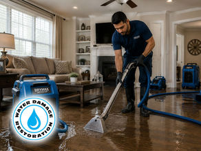 Water damage restoration technician extracting water from flooded living room in residential home, professional drying equipment visible, clean restoration environment