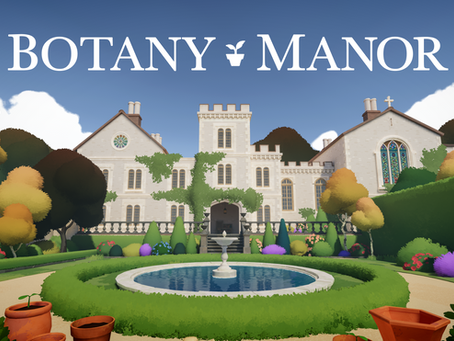 Grand manor surrounded by lush gardens, colorful trees, and fountain under blue sky. Text reads "Botany Manor." Peaceful, vibrant scene.