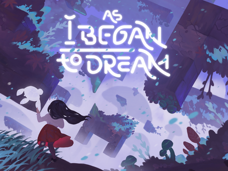Girl in red skirt holds a floating turtle, standing on grassy hill, looking at floating islands under neon text "As I Began to Dream."
