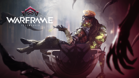 Sci-fi character with glowing green details reclines in a chair, surrounded by shadowy tendrils. Text: Warframe, Isleweaver.
