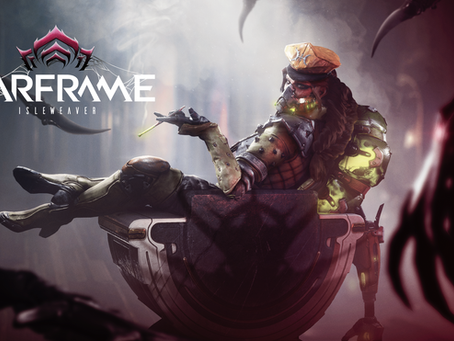 Sci-fi character with glowing green details reclines in a chair, surrounded by shadowy tendrils. Text: Warframe, Isleweaver.