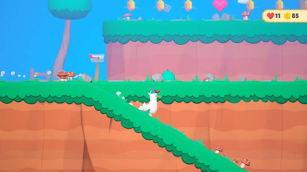 Duck in a cap climbs a green slope in a pastel world; HUD shows 11 hearts and 85 coins, with floating gems and a red heart.