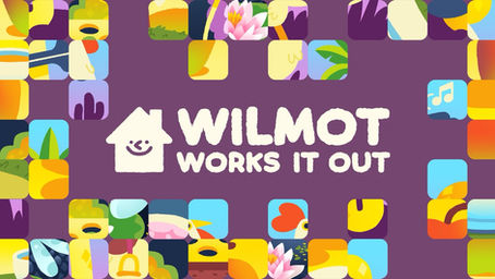 Colorful abstract tiles border "Wilmot Works It Out" text on a purple background, featuring a smiling house icon.