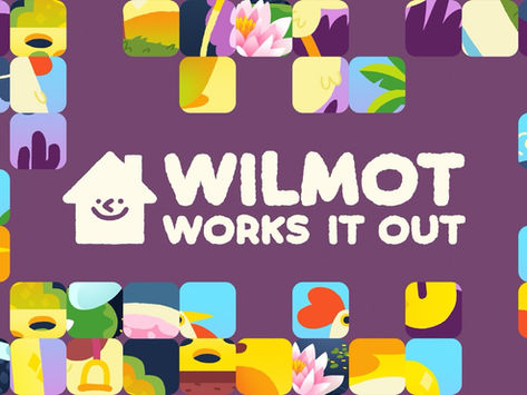 Colorful abstract tiles border "Wilmot Works It Out" text on a purple background, featuring a smiling house icon.
