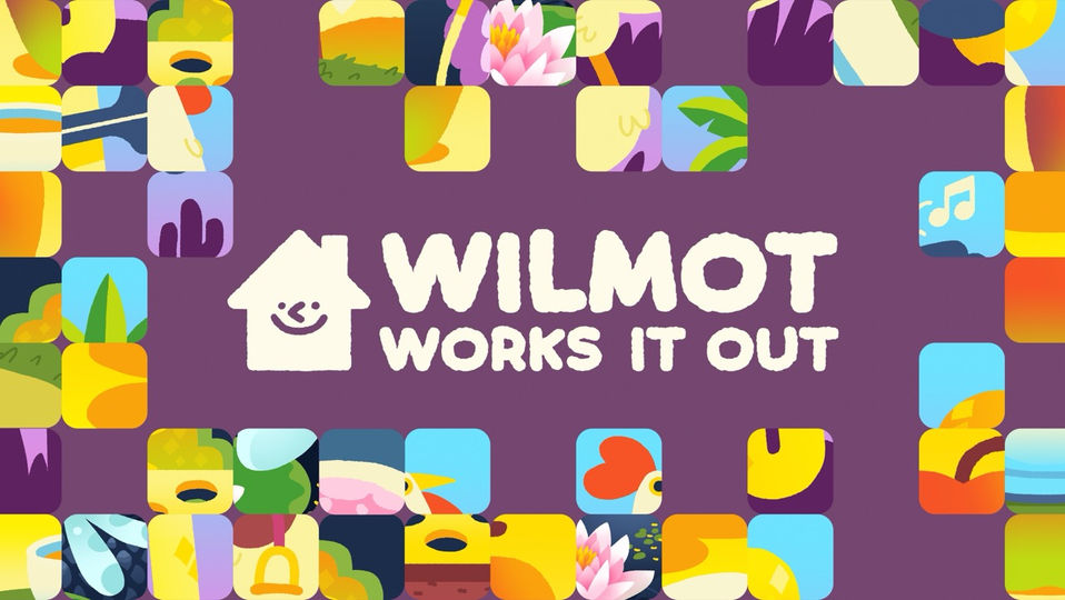 Colorful abstract tiles border "Wilmot Works It Out" text on a purple background, featuring a smiling house icon.