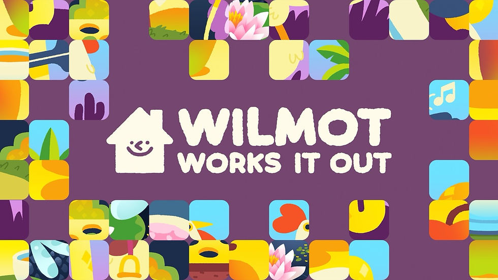 Colorful abstract tiles border "Wilmot Works It Out" text on a purple background, featuring a smiling house icon.
