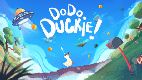 DoDo Duckie title over a bright blue cartoon sky, with a duck under a UFO beam, floating islands, trees, and a mailbox.