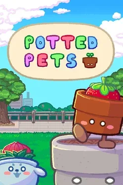 Cartoon pot with a plant and face stands on a stone ledge by a park. A potted strawberry character is nearby. Text: Potted Pets.