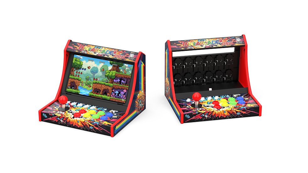 Two colorful, mini arcade machines with joysticks and buttons. Left screen shows a vibrant game scene. "MINI ARCADE PRO" text on top.