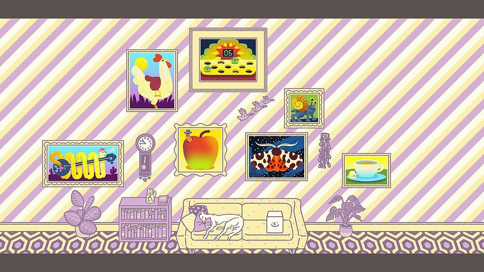 Whimsical room with striped walls, colorful framed art, and a dog sleeping on a couch. Art includes vibrant rooster and apple images.