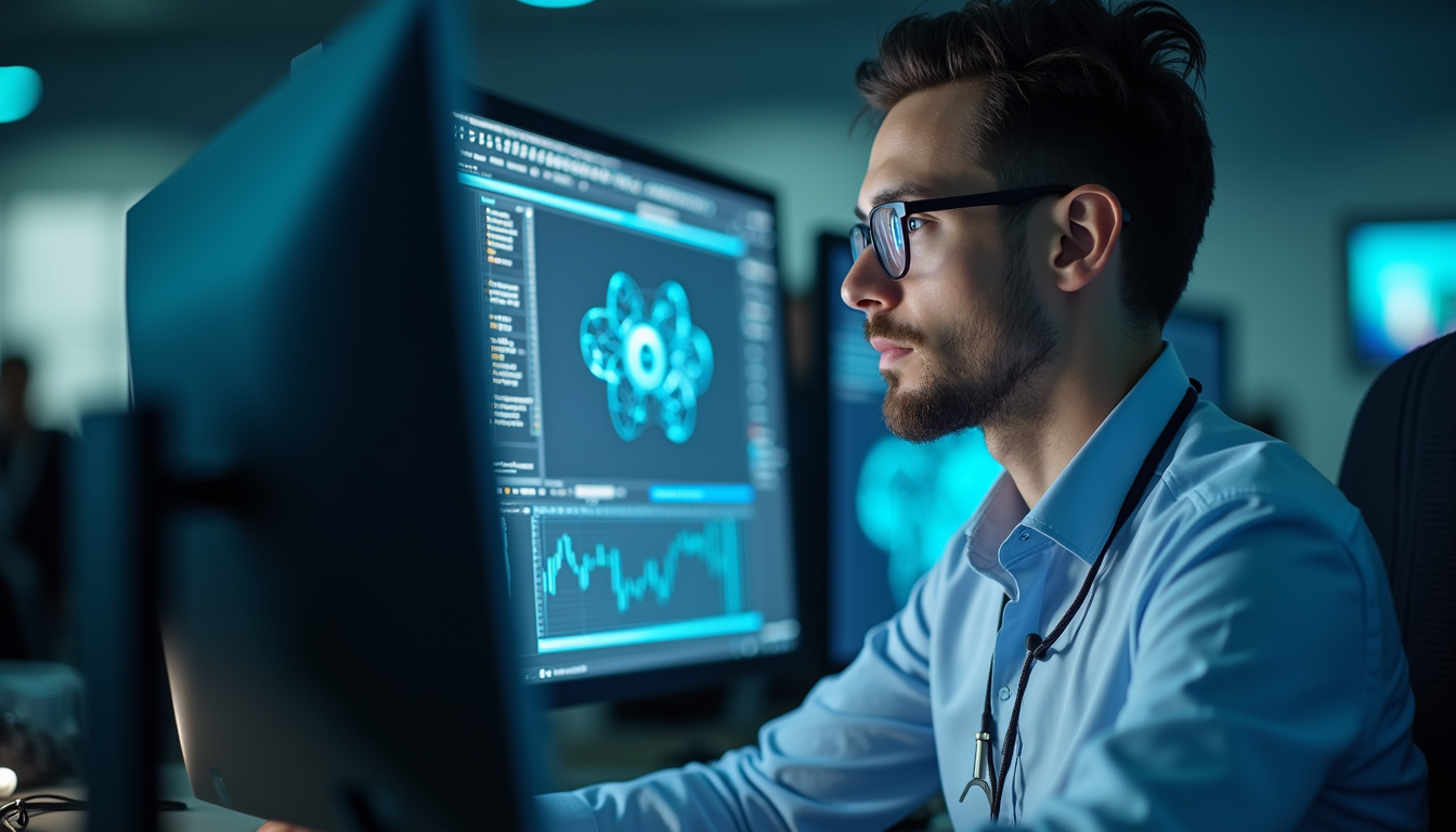 Close-up view of a bank employee working with AI-powered software on a computer