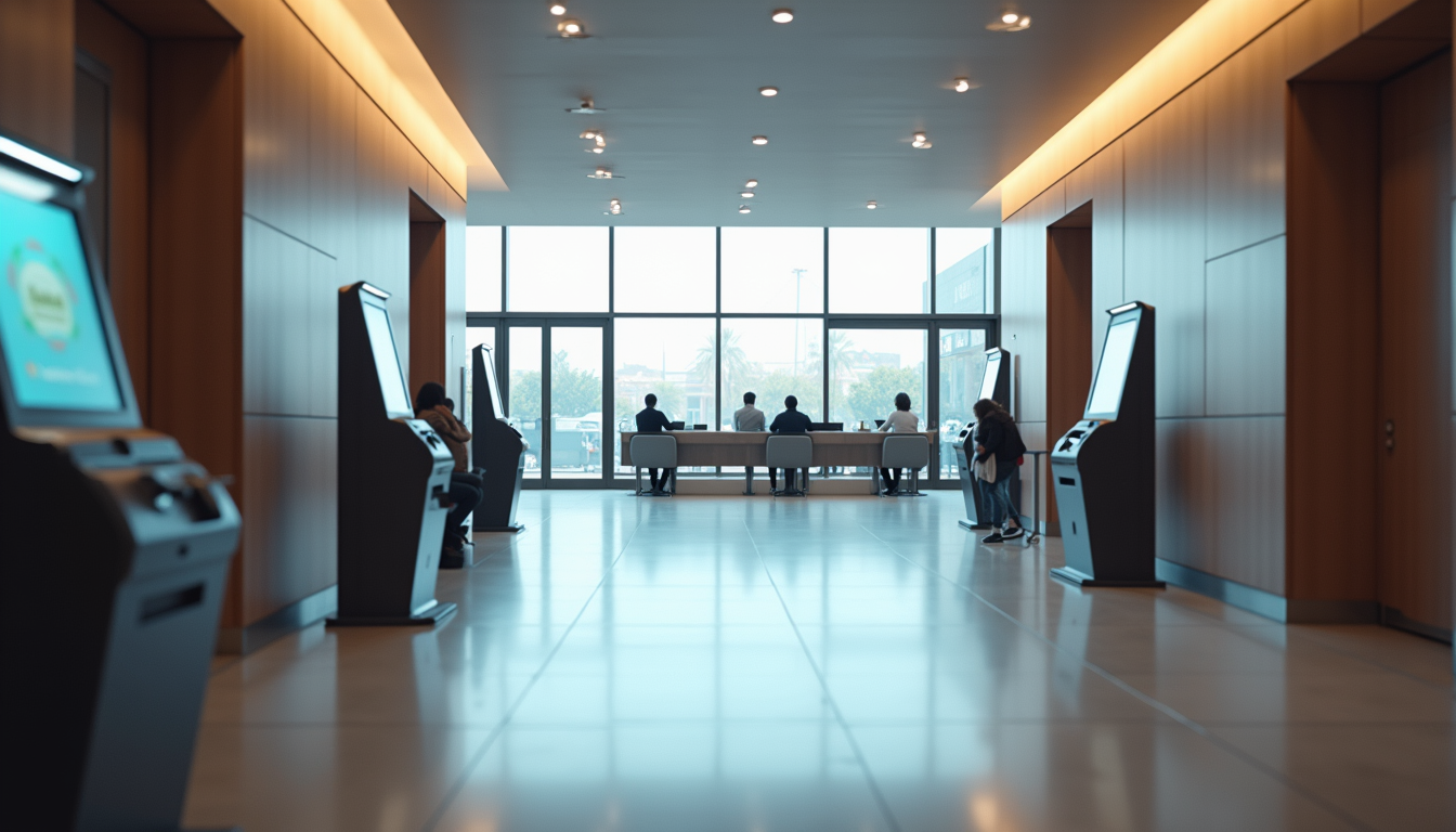 Eye-level view of a modern bank lobby with digital kiosks