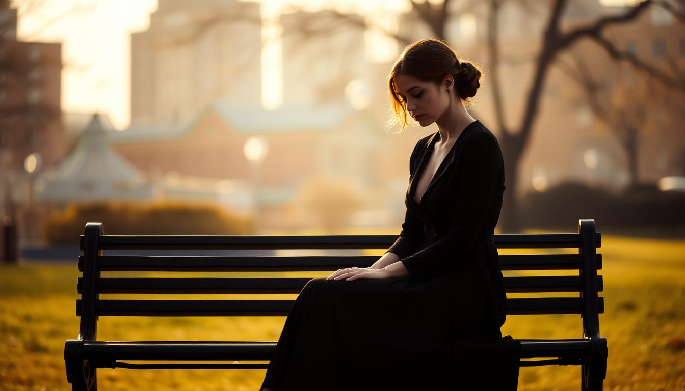 A solitary, elegantly-dressed woman sits alone on a park bench in Melbourne, her face shrouded in a pensive, melancholic expression. Soft, warm lighting bathes the scene, creating a sense of intimacy and isolation. The background is blurred, drawing the viewer's focus to the woman's contemplative gaze, as if she is lost in introspection, yearning for connection in the bustling city. The composition is balanced, with the woman occupying the center of the frame, her figure framed by the geometric shapes of the bench and the surrounding landscape. The mood is one of quiet contemplation, a stark contrast to the vibrant energy of the city beyond.