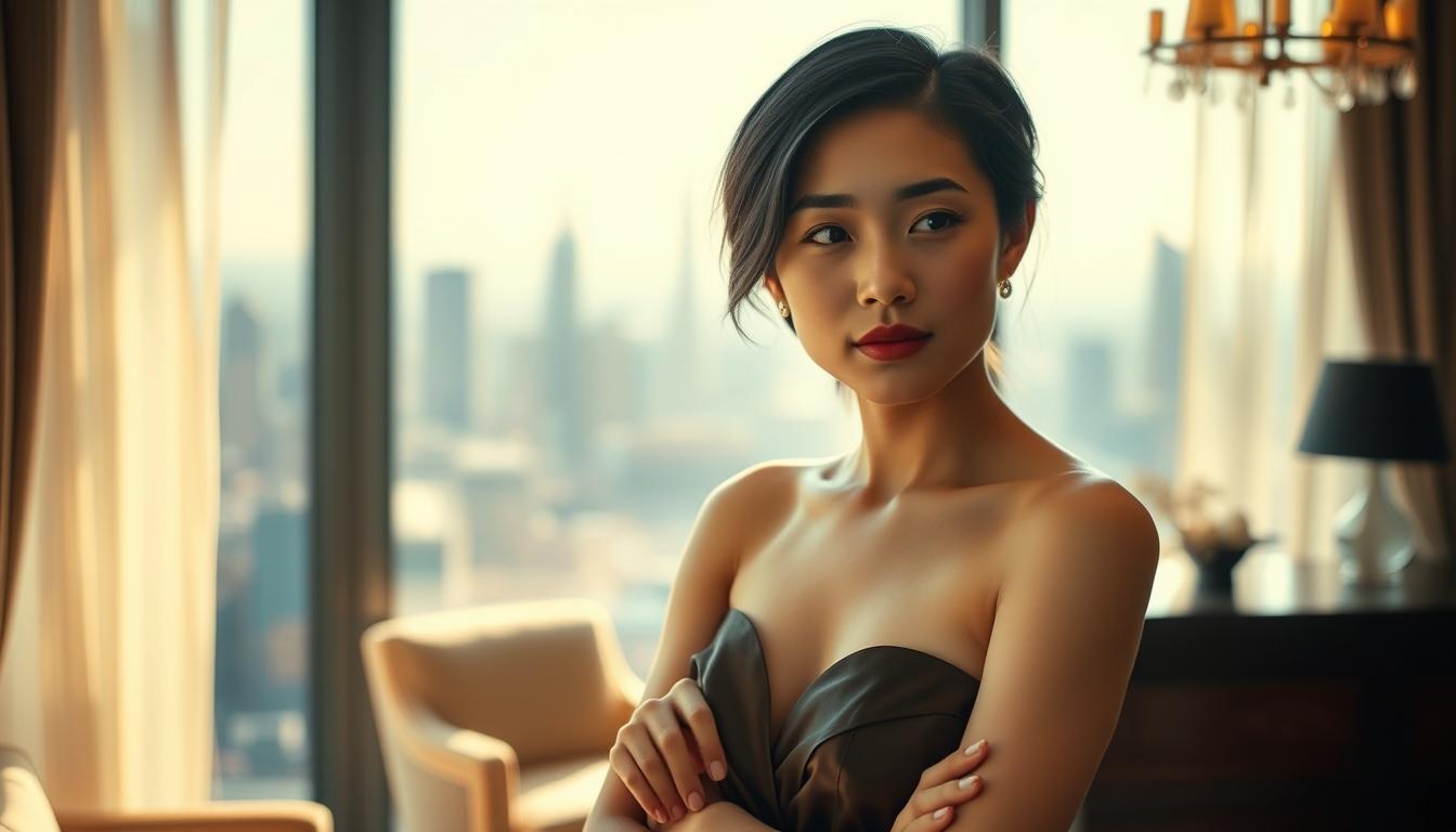 A young, elegant Chinese-Australian woman stands poised in a luxurious apartment, her expression pensive. Soft, warm lighting casts a hazy glow, highlighting her delicate features and the opulent surroundings. In the background, a panoramic view of the Melbourne skyline unfolds, suggesting the privilege and exclusivity of her circumstances. The scene evokes a sense of wealth, introspection, and the complex dynamic between a student and her benefactor.