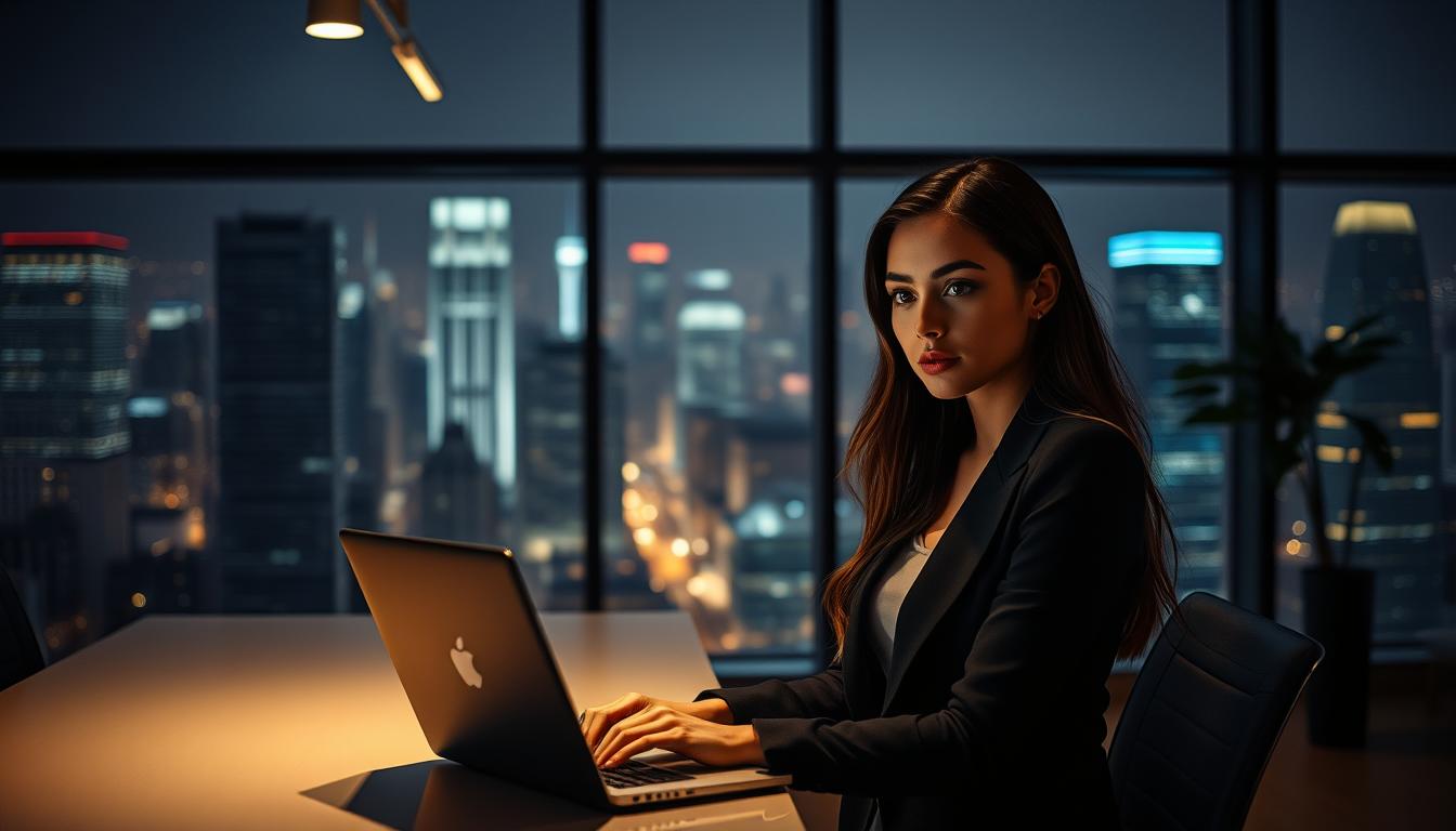 A dimly lit, modern office interior with sleek furnishings and a large window overlooking a bustling cityscape. In the foreground, a young, fashionably dressed woman sits at a desk, quietly working on a laptop. Her expression is contemplative, hinting at the complexities of her situation. The lighting is warm and intimate, casting soft shadows and highlighting the woman's elegant features. In the background, the city skyline twinkles with the lights of high-rise buildings, symbolizing the technological advancements that have enabled this emerging industry. The overall atmosphere conveys a sense of both opportunity and unease, reflecting the nuanced realities of the evolving "escort" economy.