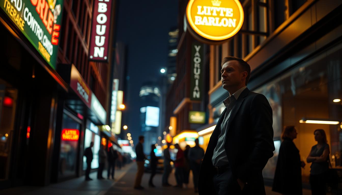 A dimly lit street in Melbourne's city center, neon signs casting a warm glow on the surroundings. In the foreground, a well-dressed individual stands casually, hands in pockets, surveying the scene. The middle ground features a group of people congregating, engaged in hushed conversations. In the background, the silhouettes of high-rise buildings and the faint glow of the city's nightlife create a sense of urban energy. The lighting is moody, with shadows and highlights accentuating the discreet nature of the interactions. The overall atmosphere is one of discretion and anonymity, hinting at the unspoken negotiations and transactions taking place.