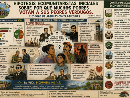Infografía política y filosófica sobre el ecomunitarismo y el comportamiento electoral en América Latina. La imagen analiza por qué sectores pobres votan por candidatos de extrema derecha que afectan sus propios intereses, abordando factores religiosos, psicológicos, económicos y sociales. Incluye referencias a Brasil, Lula, Bolsonaro y propuestas ecomunitaristas como educación popular, economía ecológica, democracia participativa y justicia social. Diseño visual tipo póster educativo con ilustraciones críticas, gráficos y mensajes sobre política, desigualdad, manipulación mediática y transformación social.