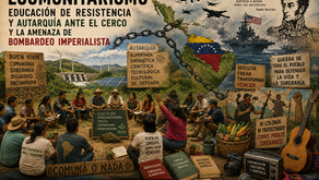 Collage político y pedagógico inspirado en el ecomunitarismo de Sirio López Velasco. La imagen reúne escenas comunitarias, símbolos de soberanía latinoamericana, educación popular, agroecología y resistencia antiimperialista. Aparecen asambleas rurales, libros, instrumentos musicales, mapas de América Latina, energías renovables y referencias a la autarquía, articulando una estética de lucha colectiva, memoria y emancipación social.