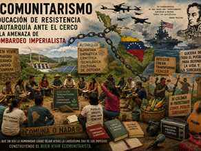 Collage político y pedagógico inspirado en el ecomunitarismo de Sirio López Velasco. La imagen reúne escenas comunitarias, símbolos de soberanía latinoamericana, educación popular, agroecología y resistencia antiimperialista. Aparecen asambleas rurales, libros, instrumentos musicales, mapas de América Latina, energías renovables y referencias a la autarquía, articulando una estética de lucha colectiva, memoria y emancipación social.