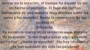 Espíritu femenino abstracto formado por luz, viento y hojas en paisaje del sur de Chile, con río, bosque nativo, copihues, colibrí y una máquina al fondo como amenaza al territorio