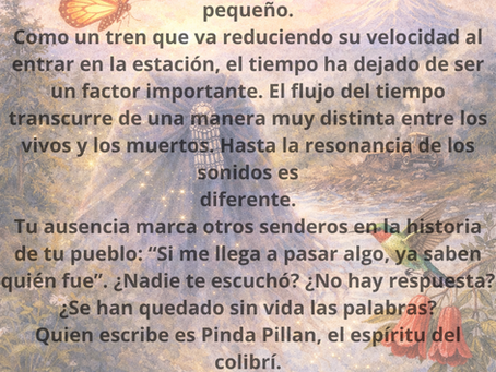 Espíritu femenino abstracto formado por luz, viento y hojas en paisaje del sur de Chile, con río, bosque nativo, copihues, colibrí y una máquina al fondo como amenaza al territorio