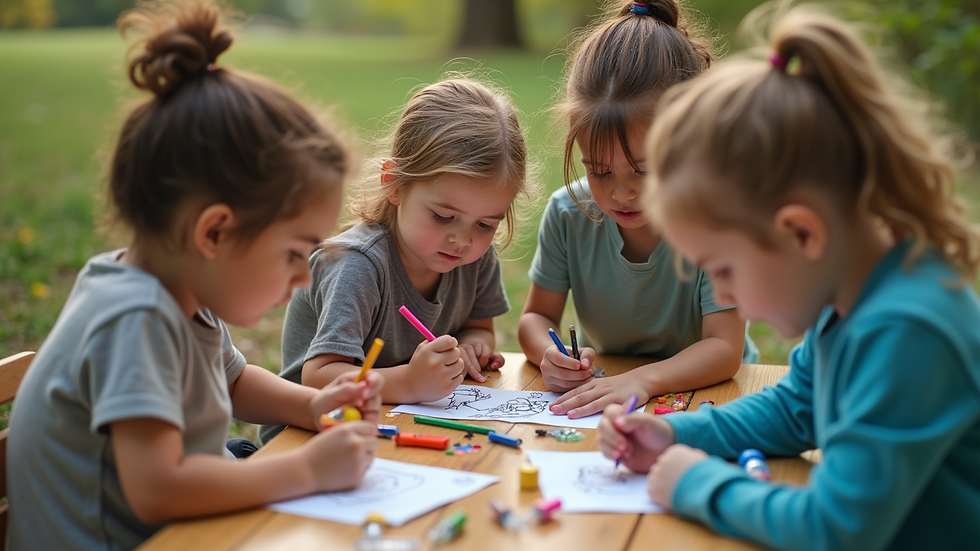 High angle view of a group of children collaborating on a creative project outdoors