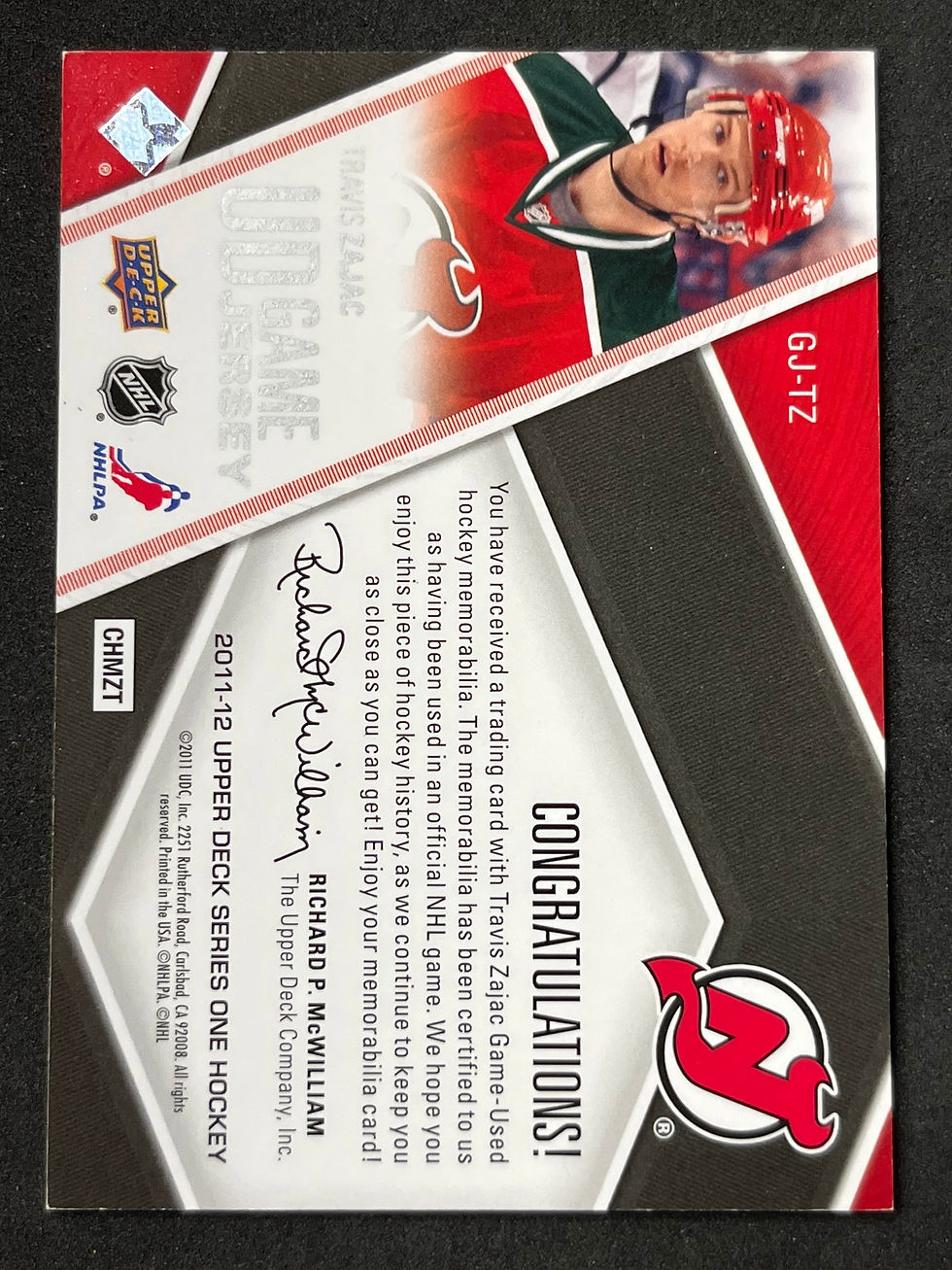 Thumbnail: 2011-12 Upper Deck Game Jersey Travis Zajac GJ-TZ