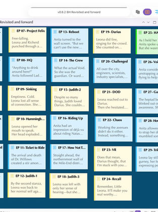 The Seven Drifts manuscript in Scrivener, showing the binder and a corkboard of dozens of colour-coded scene cards.