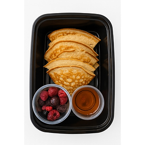 Protein Banana Pancakes (with Mixed Berries + Maple Syrup)