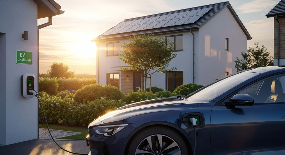 Thuis opladen van elektrische auto's met zonnepanelen tijdens zonsondergang bij een modern