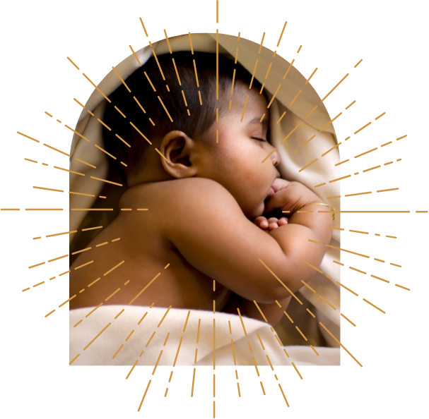Peaceful infant sleeping soundly, embraced by a warm golden sunburst frame.