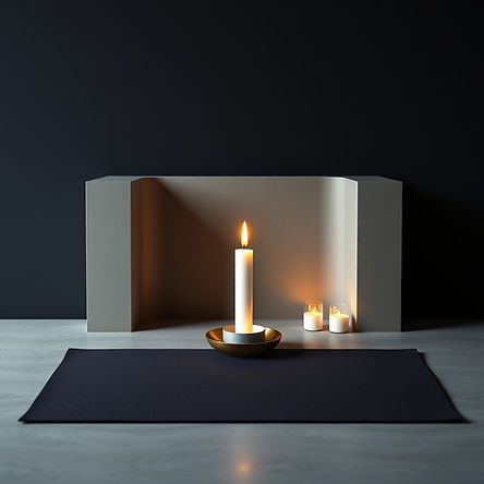 Minimalist altar with candle and meditation mat symbolizing simplicity and awareness