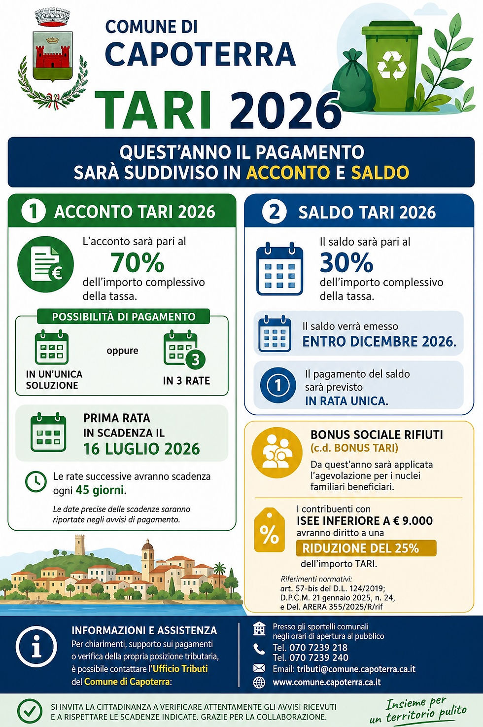 Capoterra, Tari 2026: in arrivo le bollette