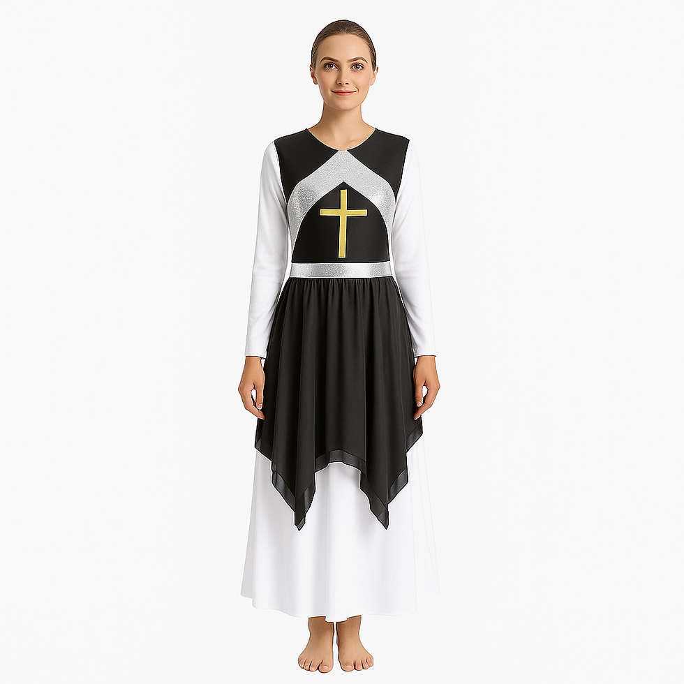 Thumbnail: African American woman modeling a black liturgical tunic with gold cross and silver sequins layered over a long white dress
