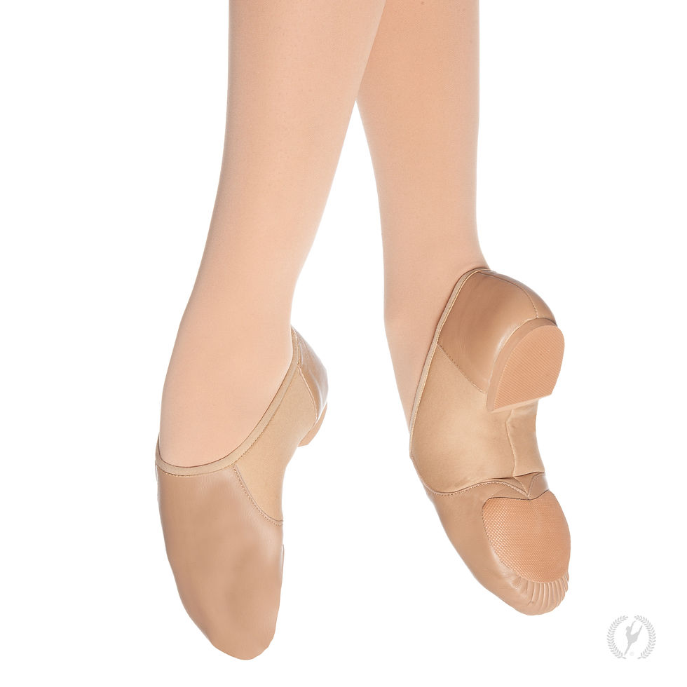 view of a models feet wearing the caramel axle jazz shoe