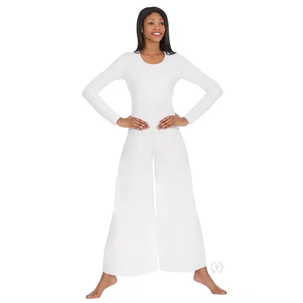 Adult Model wearing white long sleeve praise dance jumpsuit