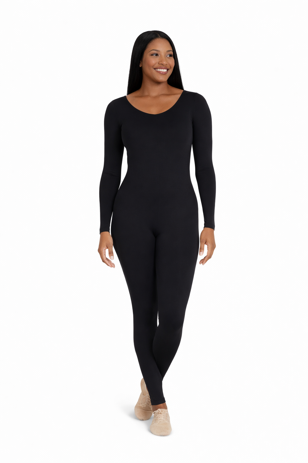 model wearing a scoop neck long sleeve capezio tb114 black unitard