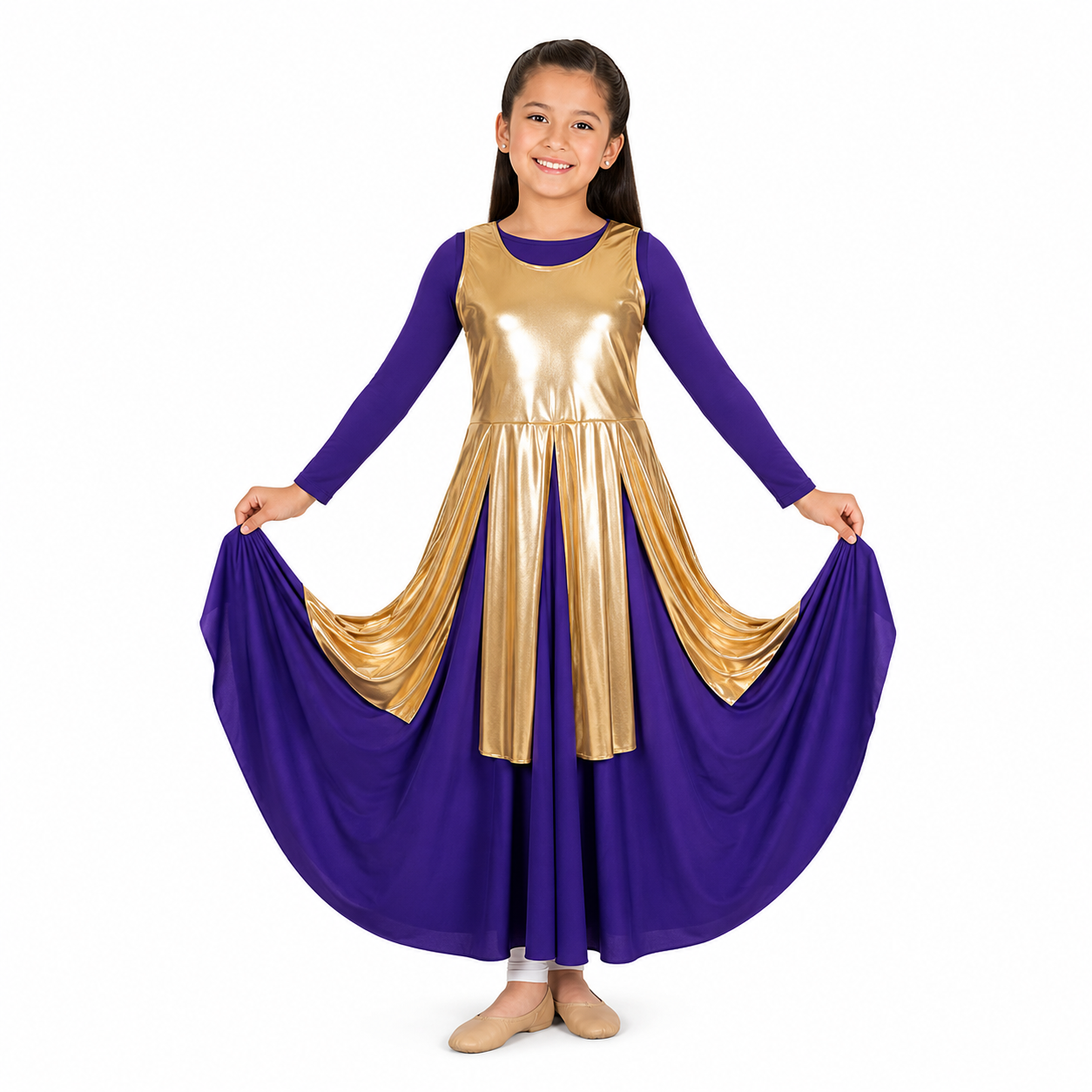 Child Metallic Fly-Away Panel Tunic in Gold for praise dance and worship services.