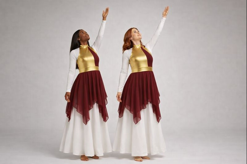 Two praise dancers wearing matching burgundy and gold tunics over long-sleeve white floor-length dresses, lifting their hands and gazing upward in a reverent worship pose.