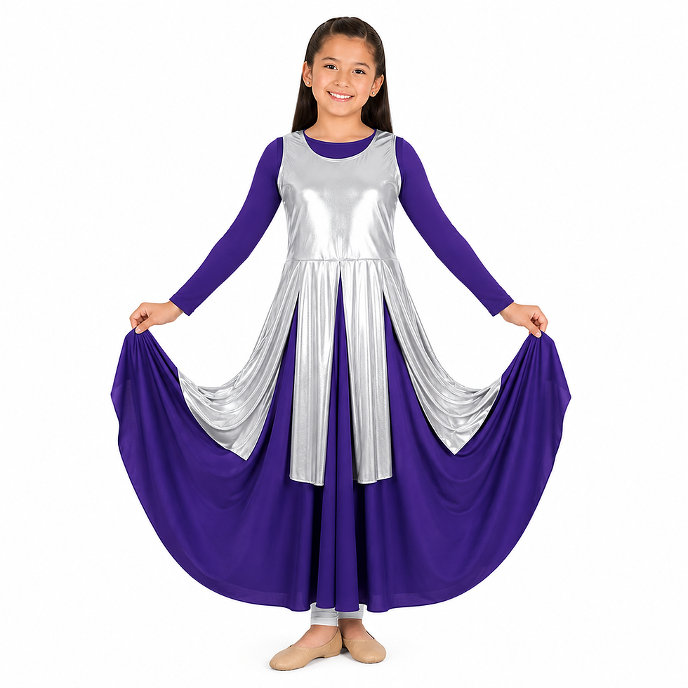 Child Metallic Fly-Away Panel Tunic in silver for praise dance and worship services.