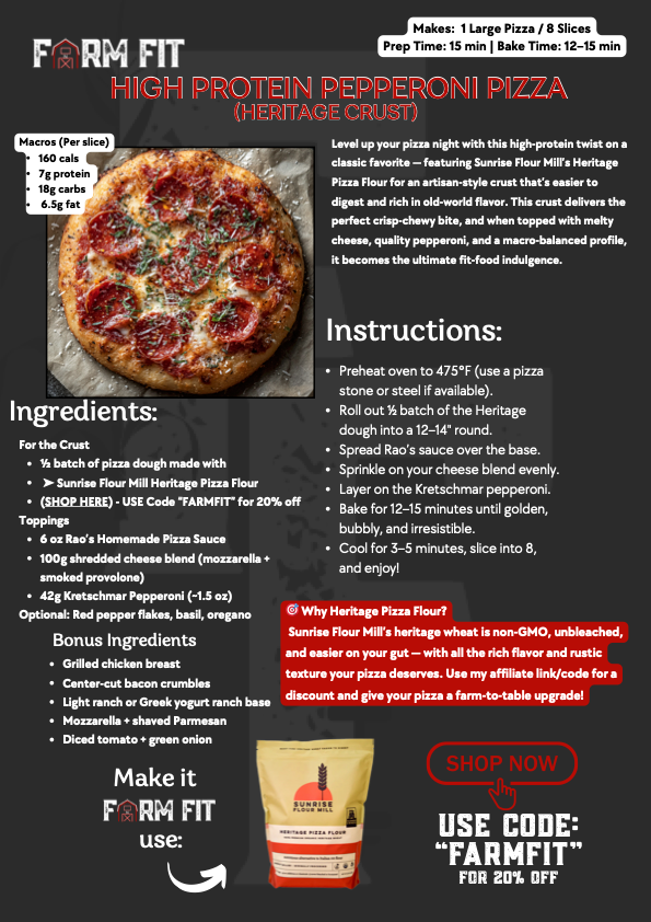 FarmFit Tip: Add grilled chicken or swap pepperoni for turkey if you want even leaner macros. Still cheesy, still pizza night.